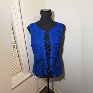 Z&W Royal Blue Crochet Lace Up Vest Womens Boho Festival Top S/M